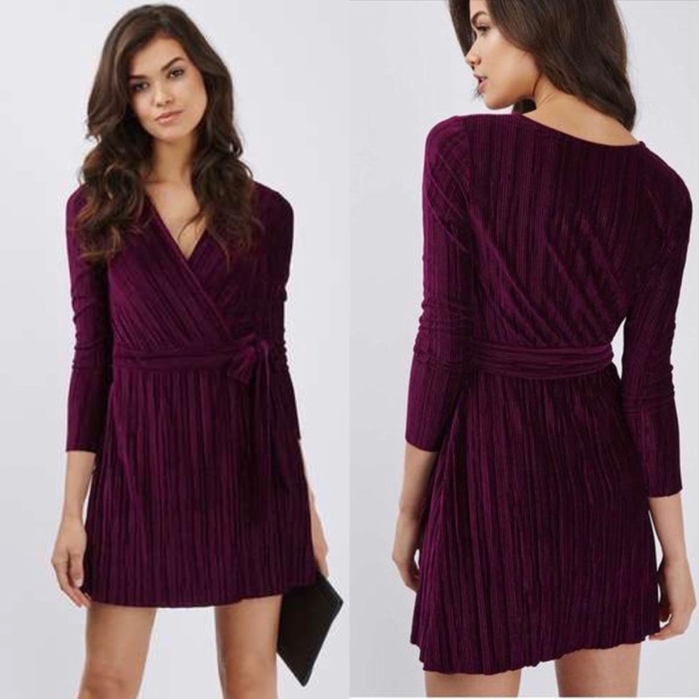 Topshop Petite US 4 Purple Velvet Wrap Long Sleeve Dress